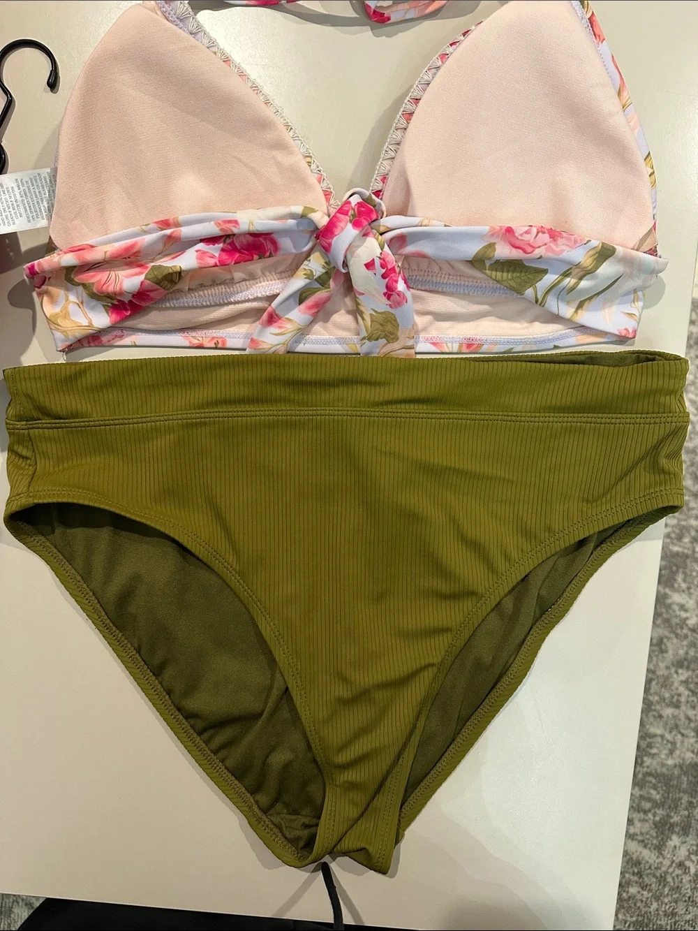 Set of White and Floral Triangle Bikini top and Green High Rise Bottoms